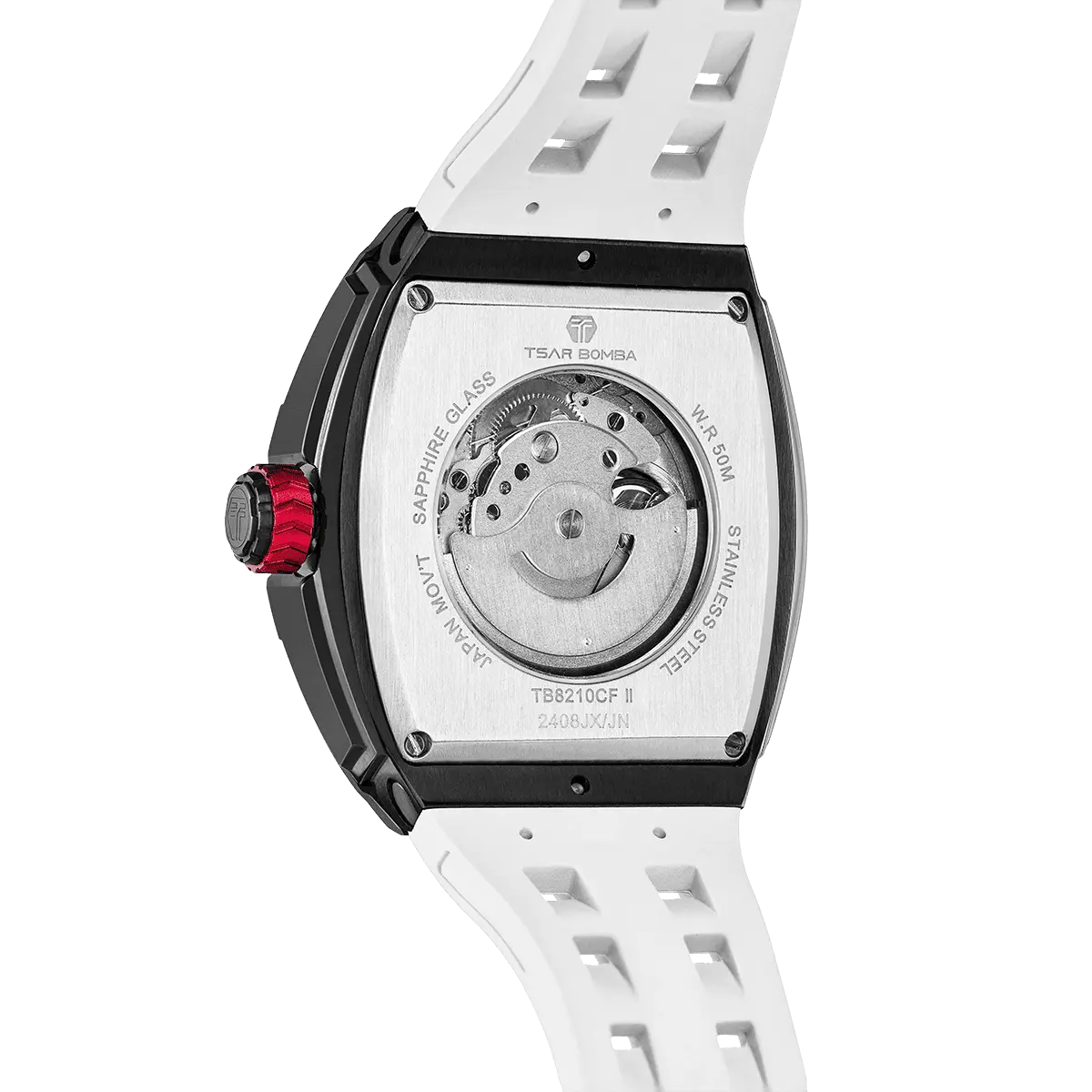The TSAR BOMBA elemental TB8210CF automatic tourbillon tonneau-shaped watch features a carbon fiber bezel and a stainless steel case, powered by a Seiko Epson automatic movement. The tonneau-shaped case is paired with a skeletonized dial and a power reserve indicator.--Rear view
