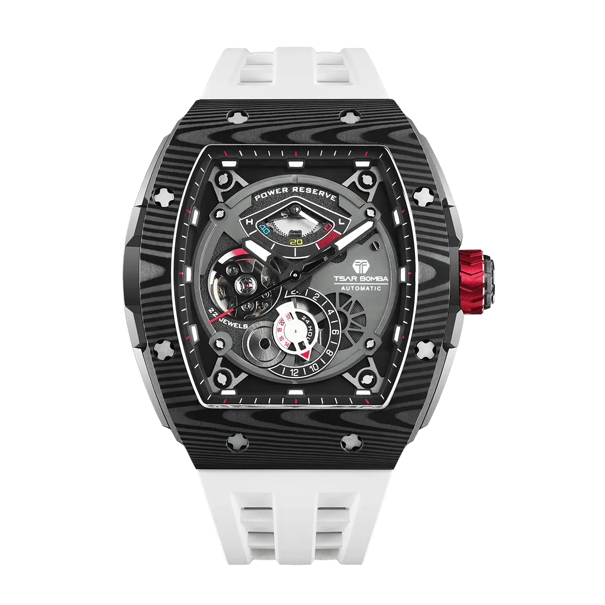 The TSAR BOMBA elemental TB8210CF automatic tourbillon tonneau-shaped watch features a carbon fiber bezel and a stainless steel case, powered by a Seiko Epson automatic movement. The tonneau-shaped case is paired with a skeletonized dial and a power reserve indicator.-front view