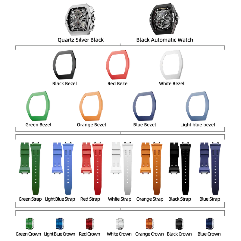 TSAR BOMBA-Atomic TB8214 interchangeable men watch set(7-in-2); quartz movement core and automatic movement core; and 7 bezel and 7strap and 7 crown. The TSAR BOMBA Atomic TB8214 features TSAR BOMBA's patented interchangeable technology, allowing for quick and easy replacement of the strap, crown, and strap without tools. Instead of buying multiple watches, why not own one that can be transformed into various styles?