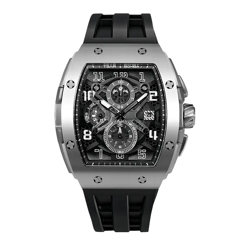 The TSAR BOMBA Elemental TB8211Q Stainless Steel Tonneau Chronograph Watch. Features a stainless steel case and a Seiko quartz movement. The multi-layered skeleton dial combines date display and chronograph functions. A 1/20th-second chronograph subdial is located at 12 o'clock, the date display at 3 o'clock, the hour/minute chronograph subdial at 6 o'clock, and the chronograph seconds subdial at 9 o'clock.-- front view