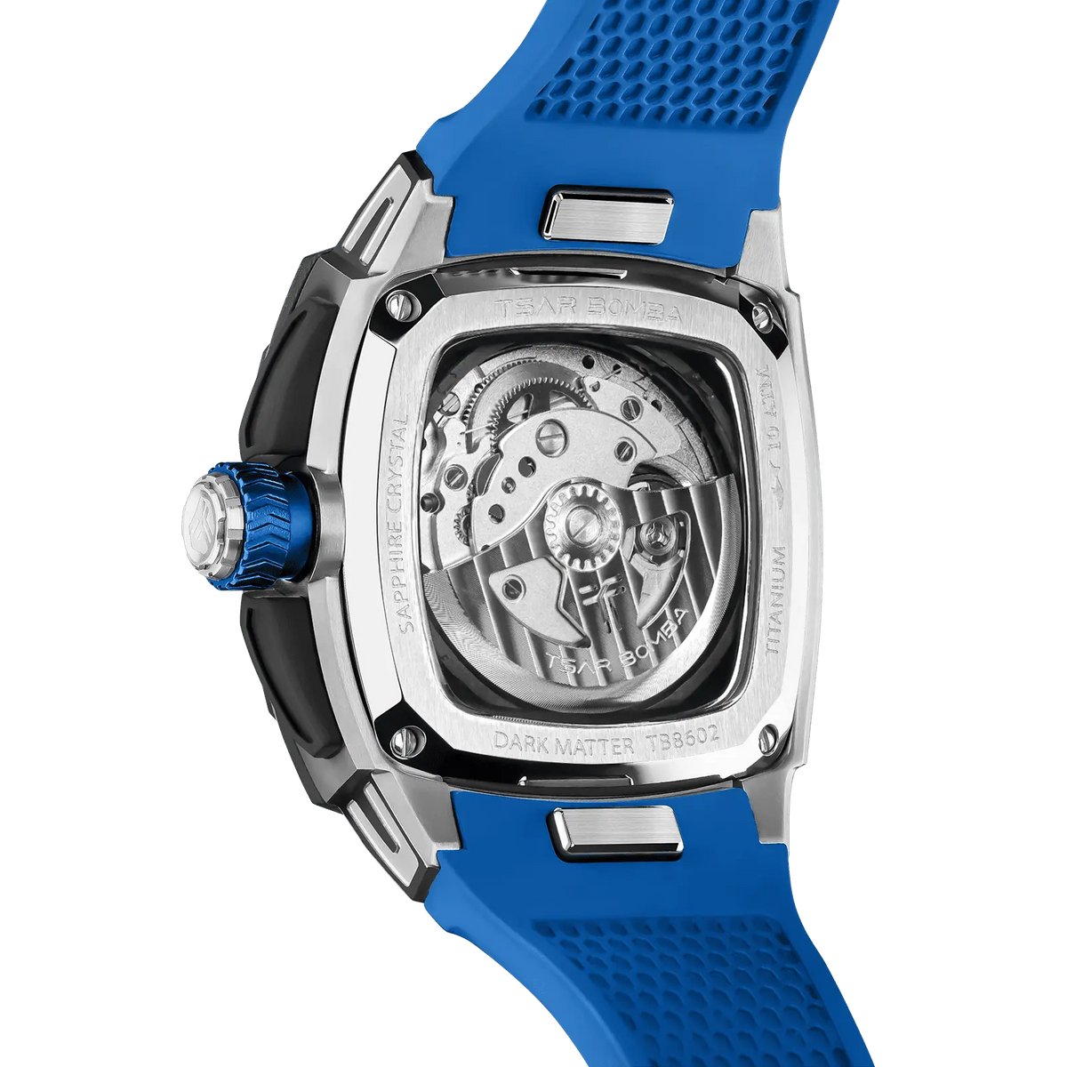 Powered by a Seiko Epson movement, A power reserve indicator is positioned at 12 o'clock; the stable movement delivers a power reserve of 50 hours (±10%). A 24-hour display dial is located at 6 o'clock, while a visible tourbillon is featured at 9 o'clock. The Dark Matter 2 features Grade A luminescent coating, scratch-resistant sapphire crystal, and a interchangeable fluororubber strap. Water-resistant to 100 meters (10 ATM).--Rear view