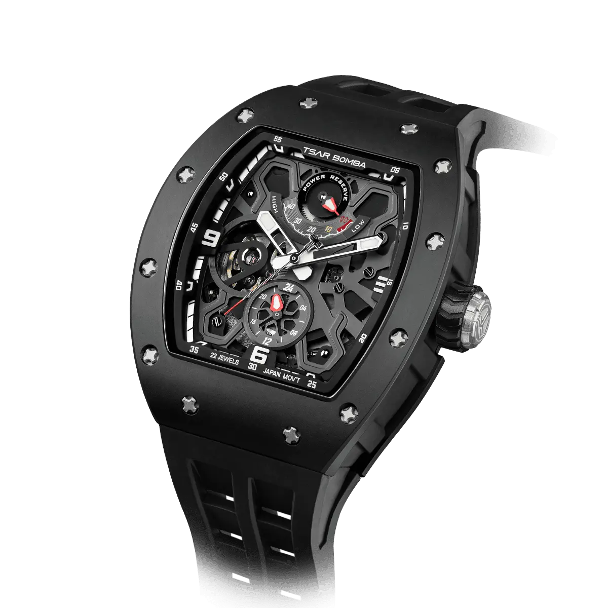 TSAR BOMBA Elemental TB8212 Skeleton Automatic Mechanical Watch. Powered by a Seiko Epson automatic movement, the full ceramic case is lightweight, skin-friendly. It features Grade A luminescent coating, a scratch-resistant sapphire crystal, and a fluororubber strap. Water-resistant to 50 meters (5 ATM).