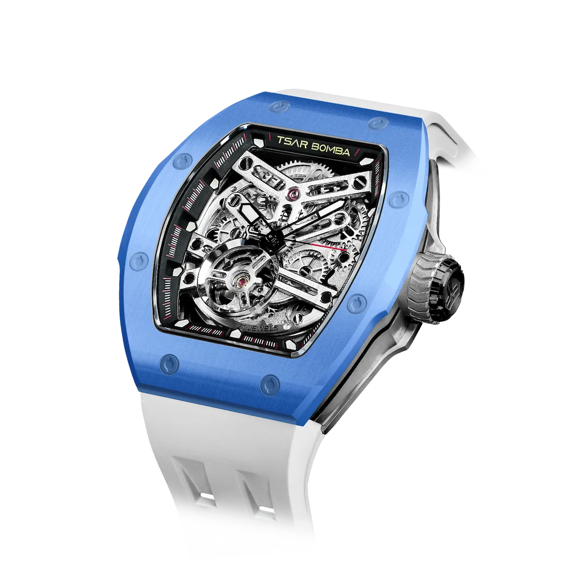 TSAR BOMBA Atomic TB8218C automatic skeleton tonneau men watch; ceramic bezel and stainless steel case and fluororubber strap; Features a ceramic bezel and an interchangeable fluoro-rubber strap. Utilizes TSAR BOMBA’s patented technology for interchangeable straps, bezels, and crowns. Quickly swap modules without tools—since your watch can change its style, why buy another one? Left three-quarter angle view-- Blue
