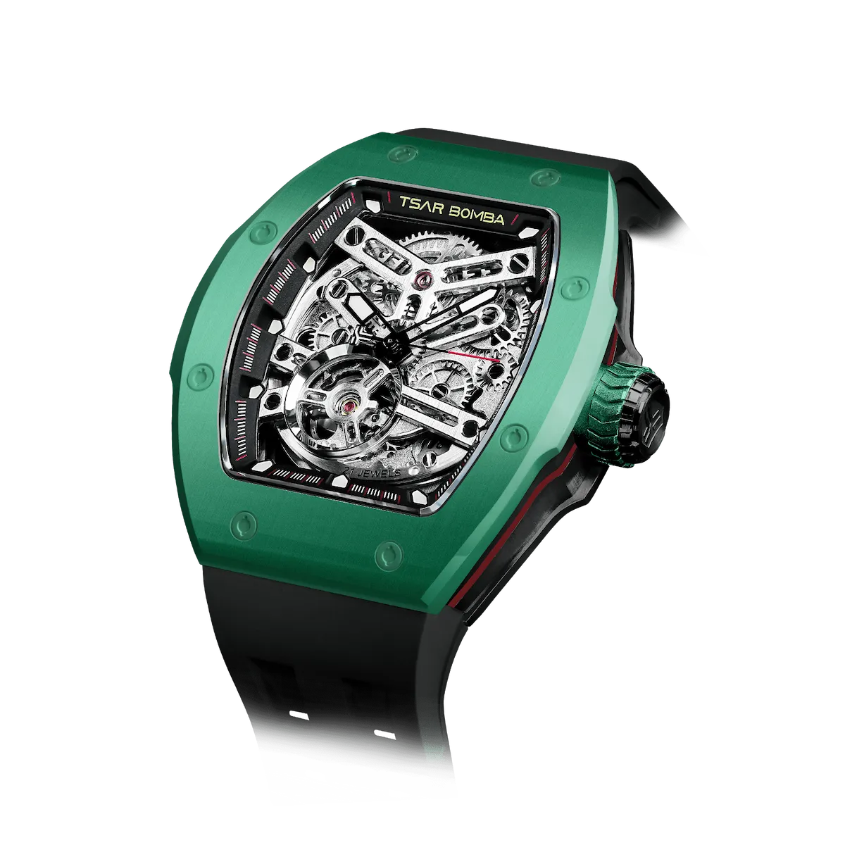 TSAR BOMBA Atomic TB8218C automatic skeleton tonneau men watch; ceramic bezel and stainless steel case and fluororubber strap; Features a ceramic bezel and an interchangeable fluoro-rubber strap. Utilizes TSAR BOMBA’s patented technology for interchangeable straps, bezels, and crowns. Quickly swap modules without tools—since your watch can change its style, why buy another one? Left three-quarter angle view-- Green