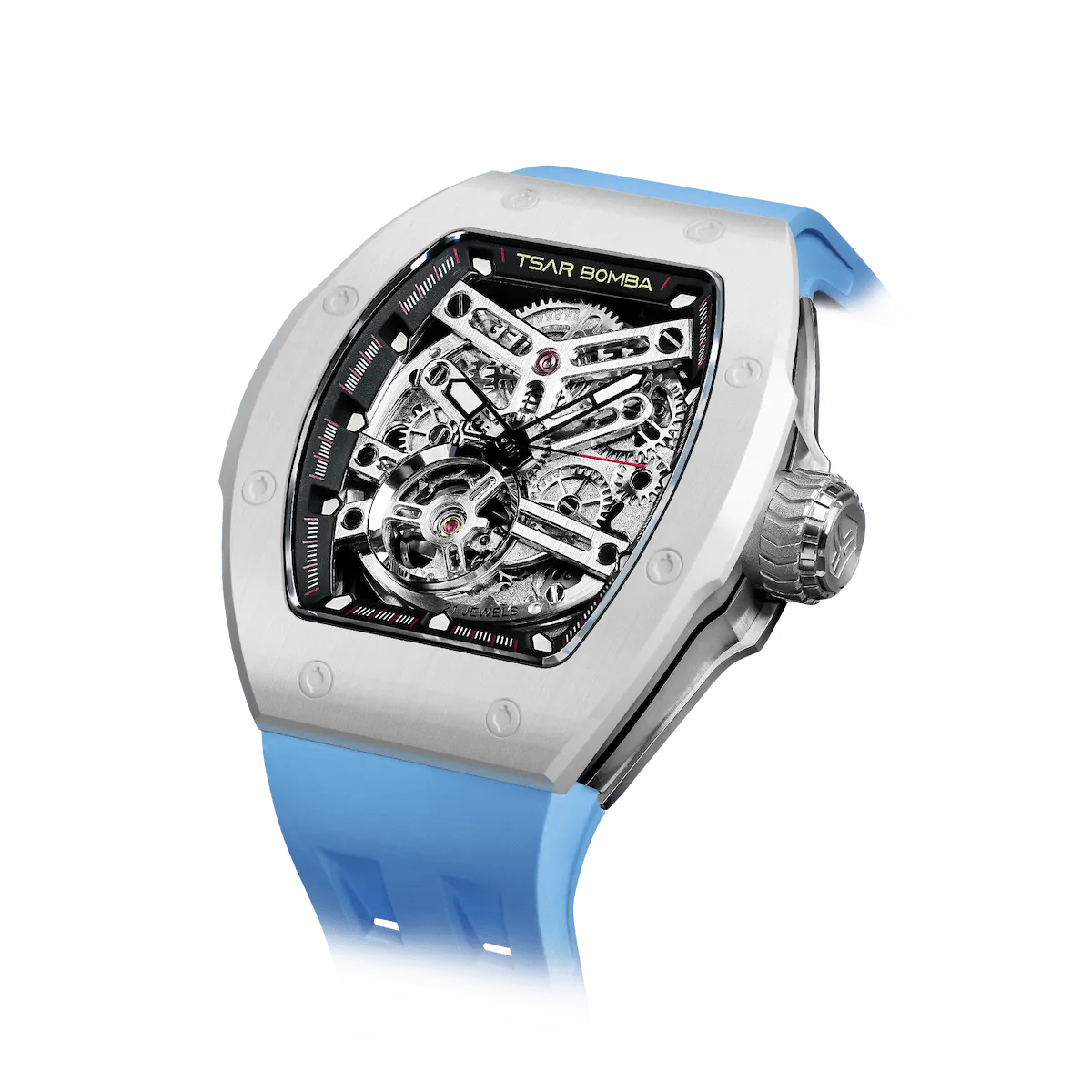 TSAR BOMBA Atomic TB8218C automatic skeleton tonneau men watch; ceramic bezel and stainless steel case and fluororubber strap; Features a ceramic bezel and an interchangeable fluoro-rubber strap. Utilizes TSAR BOMBA’s patented technology for interchangeable straps, bezels, and crowns. Quickly swap modules without tools—since your watch can change its style, why buy another one? Left three-quarter angle view-- White Blue