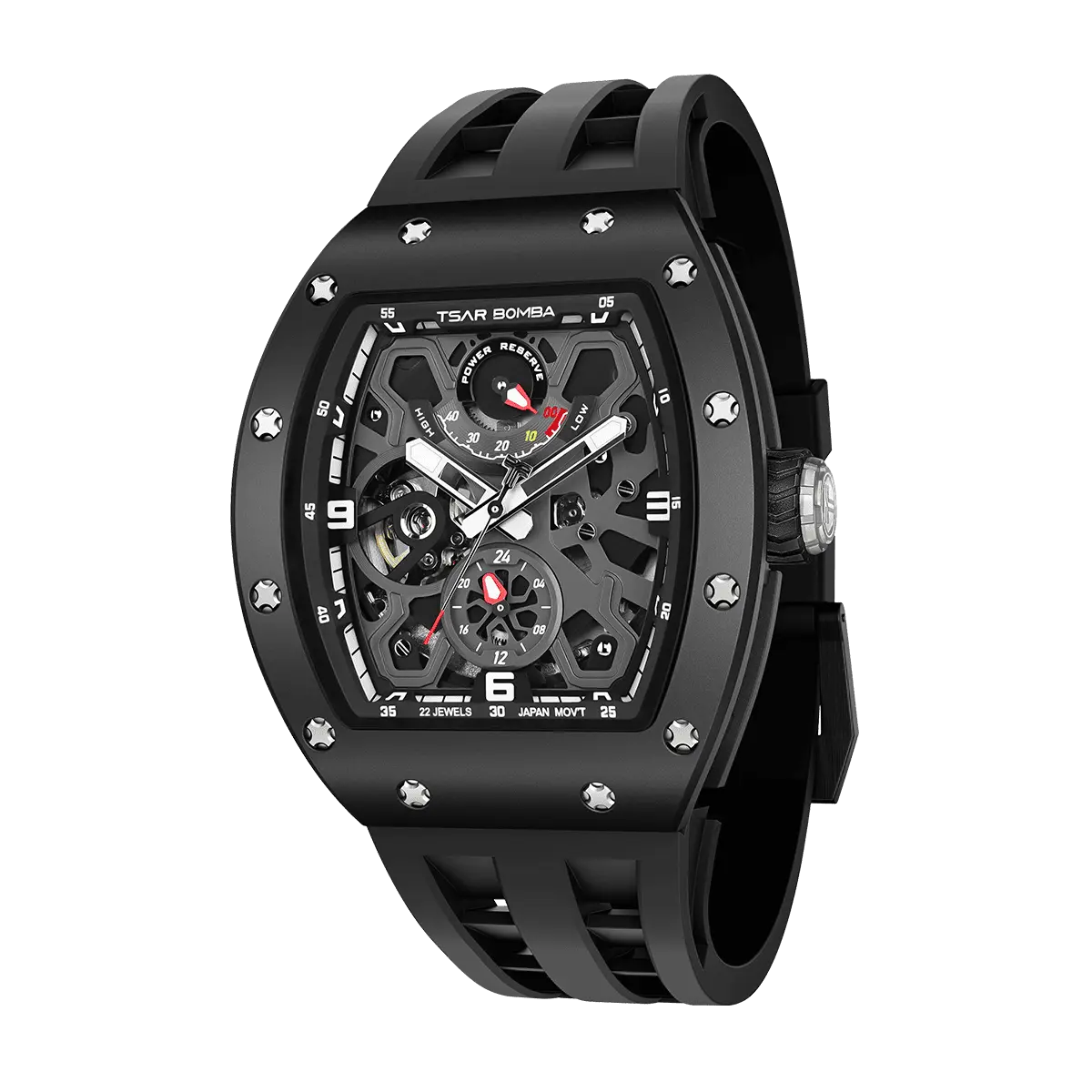 TSAR BOMBA Elemental TB8212 Skeleton Automatic Mechanical Watch. Powered by a Seiko Epson automatic movement, the full ceramic case is lightweight, skin-friendly. It features Grade A luminescent coating, a scratch-resistant sapphire crystal, and a fluororubber strap. Water-resistant to 50 meters (5 ATM).--Left three-quarter view
