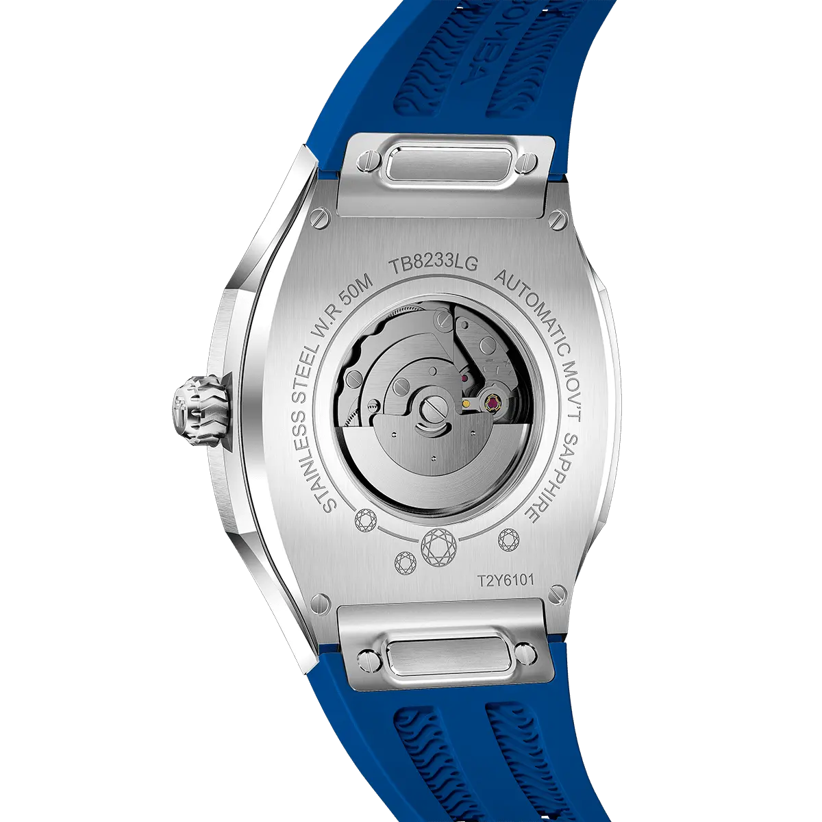 The TSAR BOMBA Lumina is a diamond-set luxury automatic ladies' watch. The dial and bezel are set with 79 lab-grown diamonds totaling 0.66 carats. The watch is powered by a Japanese automatic movement. It features TSAR BOMBA's patented interchangeable strap function, an A-grade luminous coating, a scratch-resistant sapphire crystal, and a comfortable, interchangeable fluoroelastomer strap. It is water-resistant to 50 meters (5 ATM).-blue-rear view
