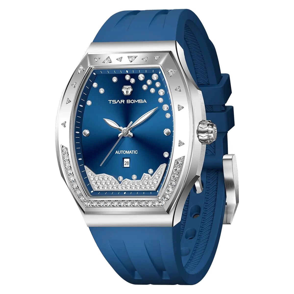 The TSAR BOMBA Lumina is a diamond-set luxury automatic ladies' watch. The dial and bezel are set with 79 lab-grown diamonds totaling 0.66 carats. The watch is powered by a Japanese automatic movement. It features TSAR BOMBA's patented interchangeable strap function, an A-grade luminous coating, a scratch-resistant sapphire crystal, and a comfortable, interchangeable fluoroelastomer strap. It is water-resistant to 50 meters (5 ATM).-blue-