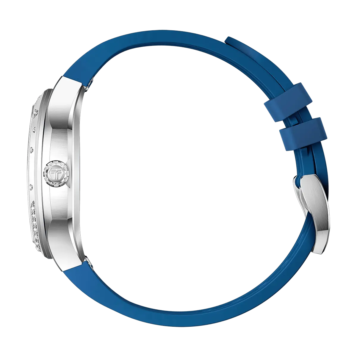 The TSAR BOMBA Lumina is a diamond-set luxury automatic ladies' watch. The dial and bezel are set with 79 lab-grown diamonds totaling 0.66 carats. The watch is powered by a Japanese automatic movement. It features TSAR BOMBA's patented interchangeable strap function, an A-grade luminous coating, a scratch-resistant sapphire crystal, and a comfortable, interchangeable fluoroelastomer strap. It is water-resistant to 50 meters (5 ATM).-blue-Side view