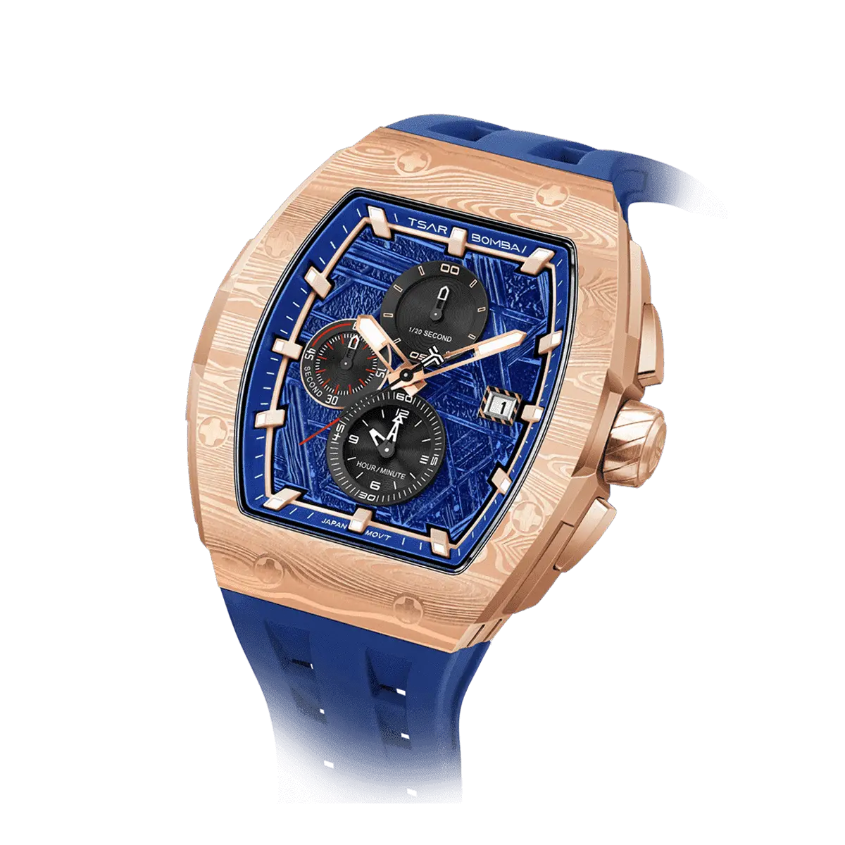 TSAR BOMBA Elemental TB8211Q Stainless Steel Tonneau Chronograph Watch. Features a stainless steel case and a precision-machined quartz movement. The textured dial integrates date display and chronograph function. A 1/20th-second counter is located at 12 o'clock, the date display at 3 o'clock, the hour/minute counter at 6 o'clock, and the seconds counter at 9 o'clock.