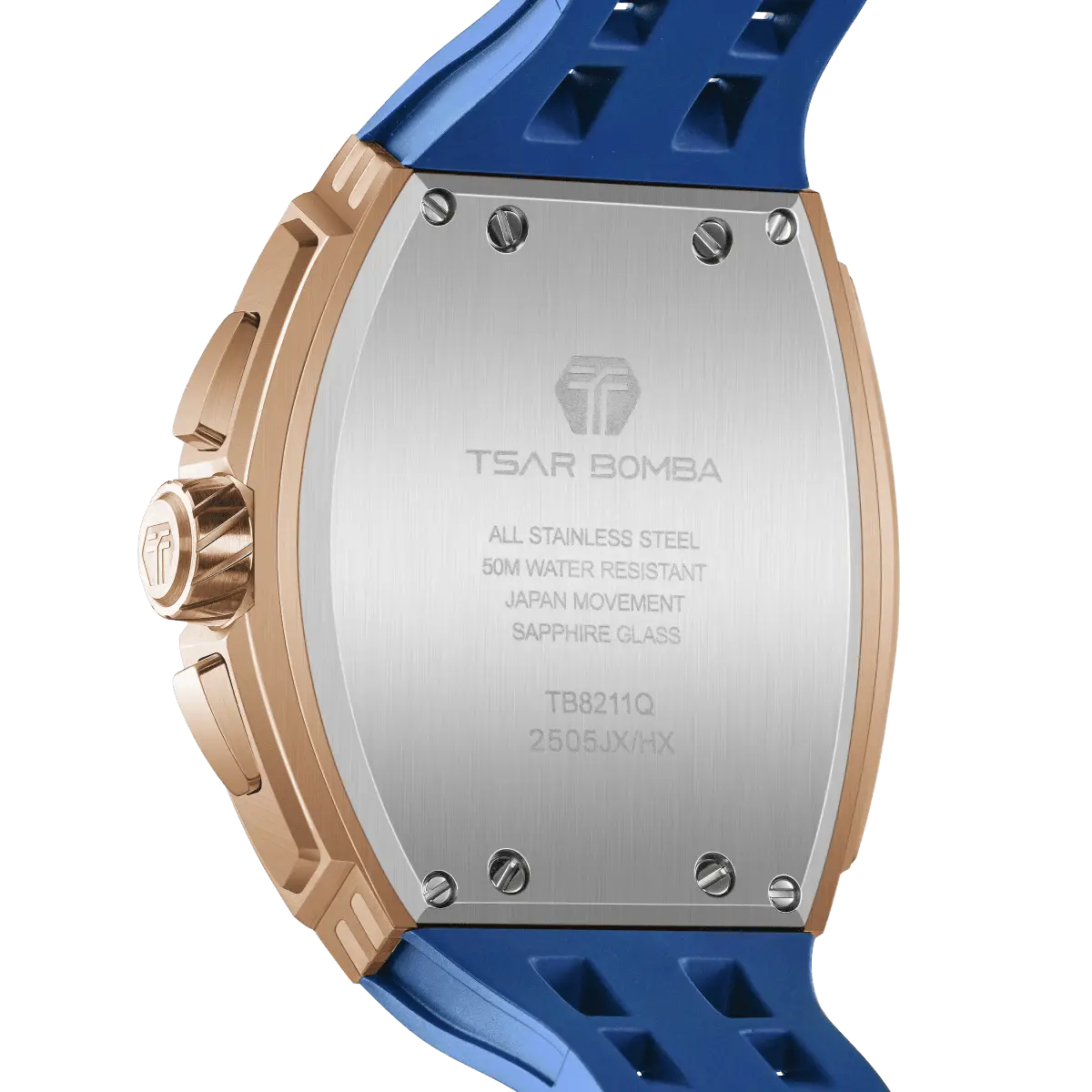 TSAR BOMBA Elemental TB8211Q Stainless Steel Tonneau Chronograph Watch. Features a stainless steel case and a precision-machined quartz movement. The textured dial integrates date display and chronograph function. A 1/20th-second counter is located at 12 o'clock, the date display at 3 o'clock, the hour/minute counter at 6 o'clock, and the seconds counter at 9 o'clock.--rear-view