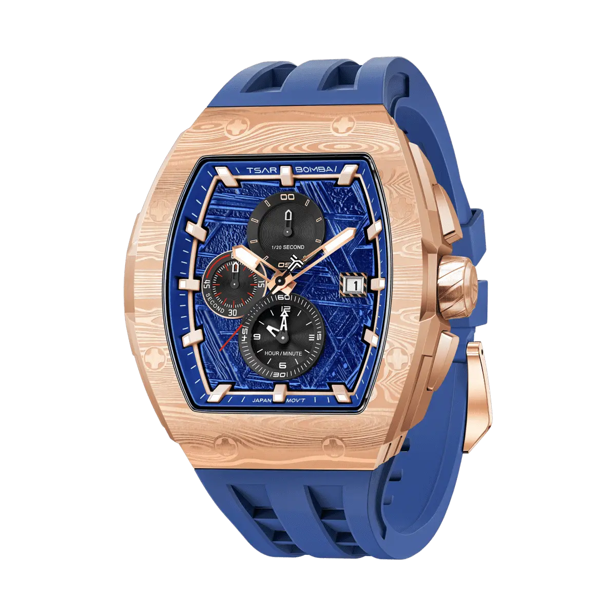 TSAR BOMBA Elemental TB8211Q Stainless Steel Tonneau Chronograph Watch. Features a stainless steel case and a precision-machined quartz movement. The textured dial integrates date display and chronograph function. A 1/20th-second counter is located at 12 o'clock, the date display at 3 o'clock, the hour/minute counter at 6 o'clock, and the seconds counter at 9 o'clock.---Left three-quarter view