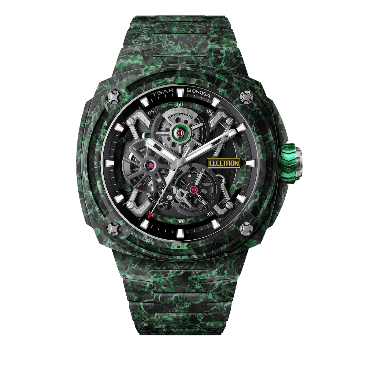 TSAR BOMBA Electron TB8401CF Men’s Watch. Crafted entirely from carbon fiber—including the strap—it weighs just 100 grams. The skeleton dial design offers a direct view of the movement, allowing you to appreciate the charm of precision mechanics in action. Powered by a Citizen MIYOTA movement. The Electron-TB8401CF features Grade A luminescent coating, scratch-resistant sapphire crystal, and an interchangeable fluororubber strap. Water-resistant to 100 meters (10 ATM).-Front view