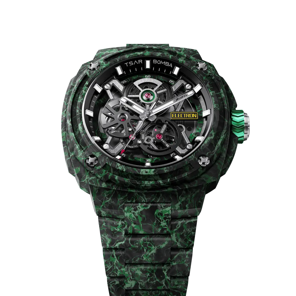 TSAR BOMBA Electron TB8401CF Men’s Watch. Crafted entirely from carbon fiber—including the strap—it weighs just 100 grams. The skeleton dial design offers a direct view of the movement, allowing you to appreciate the charm of precision mechanics in action. Powered by a Citizen MIYOTA movement. The Electron-TB8401CF features Grade A luminescent coating, scratch-resistant sapphire crystal, and an interchangeable fluororubber strap. Water-resistant to 100 meters (10 ATM).--Top view