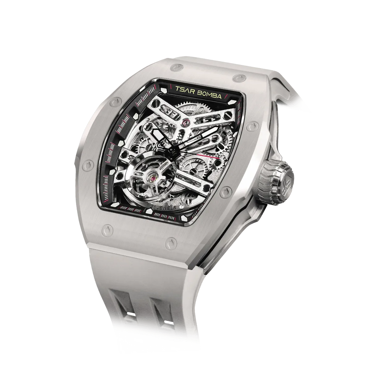 TSAR BOMBA Atomic TB8218C automatic skeleton tonneau men watch; ceramic bezel and stainless steel case and fluororubber strap; Features a ceramic bezel and an interchangeable fluoro-rubber strap. Utilizes TSAR BOMBA’s patented technology for interchangeable straps, bezels, and crowns. Quickly swap modules without tools—since your watch can change its style, why buy another one? Left three-quarter angle view-- Ghost Grey