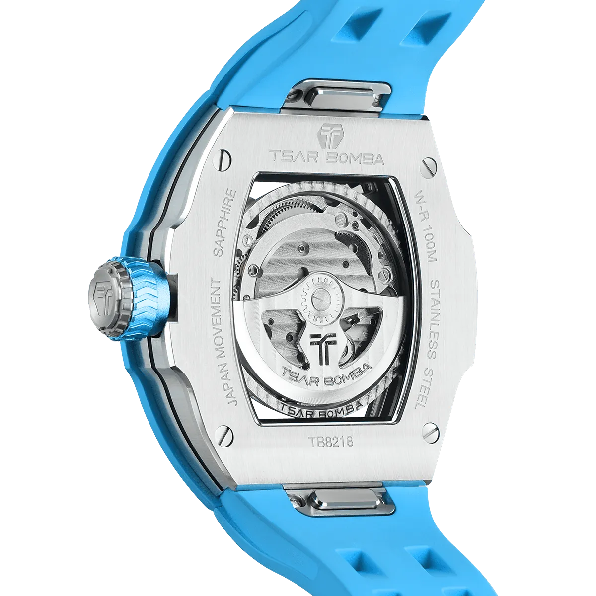 TSAR BOMBA Atomic TB8218C automatic skeleton tonneau men watch; ceramic bezel and stainless steel case and fluororubber strap; Features a ceramic bezel and an interchangeable fluoro-rubber strap. Utilizes TSAR BOMBA’s patented technology for interchangeable straps, bezels, and crowns. Quickly swap modules without tools—since your watch can change its style, why buy another one? Rear-view-- sky blue