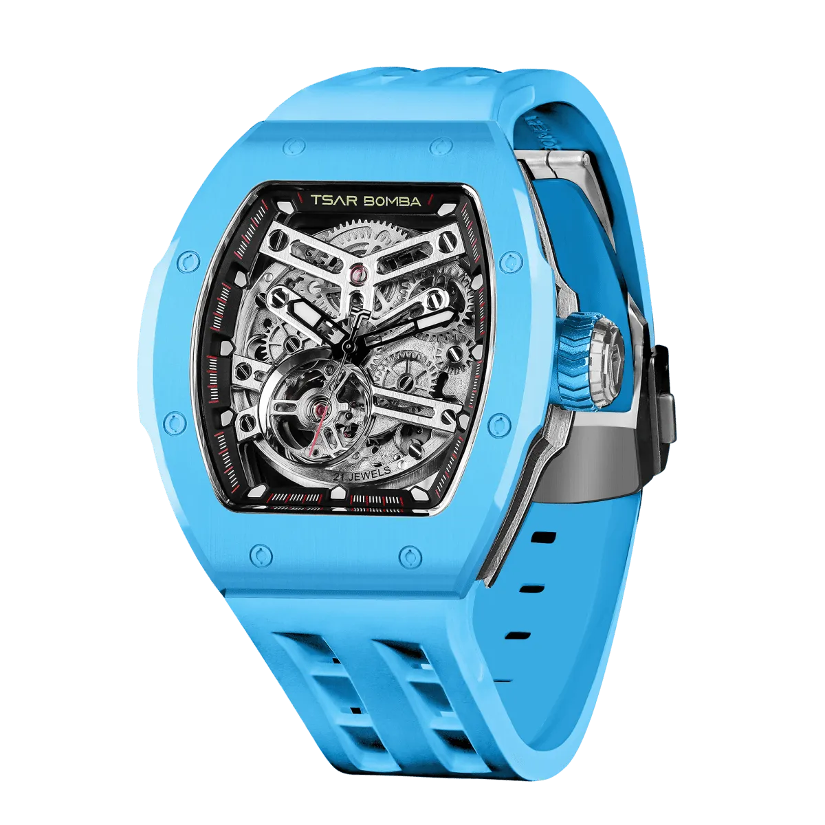 TSAR BOMBA Atomic TB8218C automatic skeleton tonneau men watch; ceramic bezel and stainless steel case and fluororubber strap; Features a ceramic bezel and an interchangeable fluoro-rubber strap. Utilizes TSAR BOMBA’s patented technology for interchangeable straps, bezels, and crowns. Quickly swap modules without tools—since your watch can change its style, why buy another one? Left three-quarter view-- sky blue