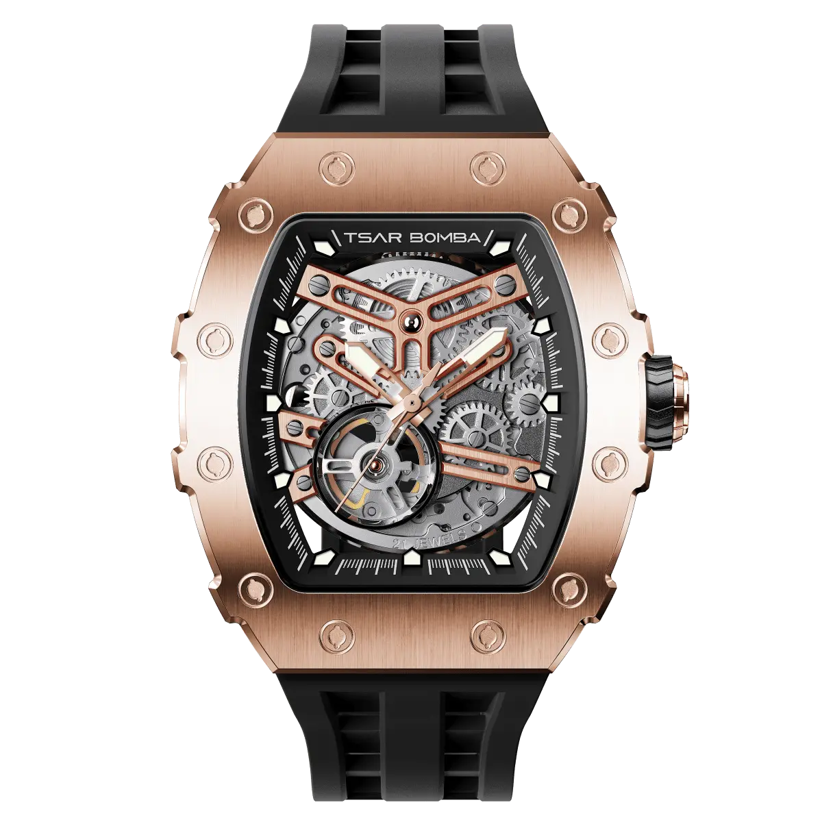 The TSAR BOMBA TB8208A tonneau skeleton watch, front view, features a rose gold stainless steel case, exposed mechanical movement, and a black strap. A tourbillon is visible at 7 o'clock.