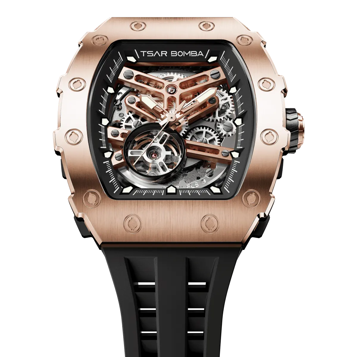 The TSAR BOMBA TB8208A tonneau skeleton watch, shown in the front view, eatures a rose gold stainless steel case, exposed mechanical movement, and a black strap. A tourbillon is visible at 7 o'clock.