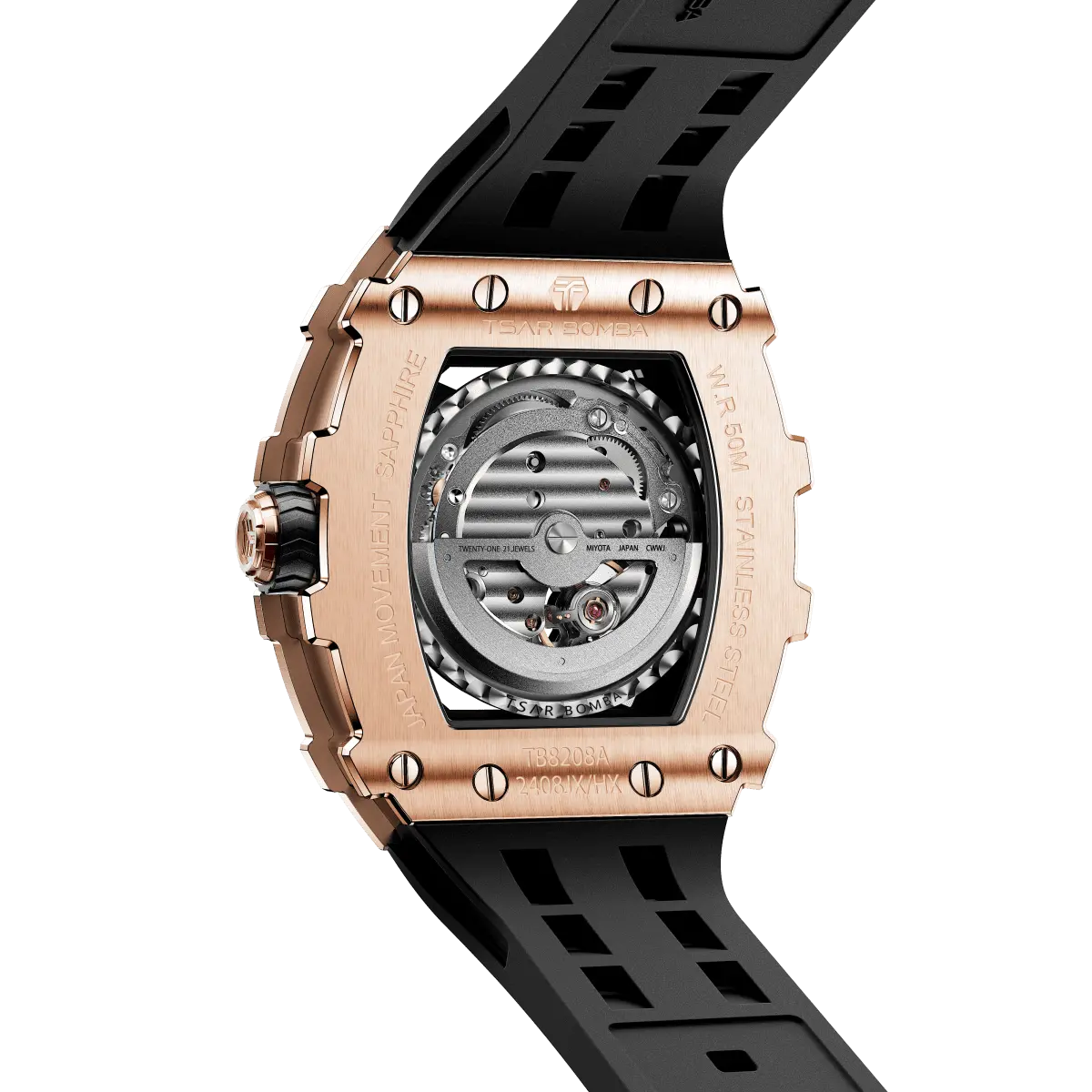 TSAR BOMBA TB8208A tonneau skeleton watch, Rear view, showing its exhibition case back, Miyota automatic movement, rose gold-tone stainless steel case, and black strap.