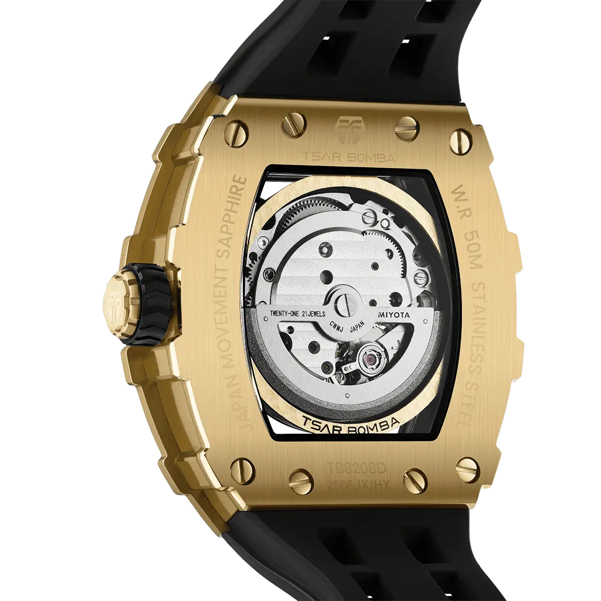TSAR BOMBA TB8208D automatic tonneau men watch,Rear view, Showing its exhibition case gold and Miyota automatic movement with 21 jewels. The gold stainless steel case and black strap contrast with the gold crown.