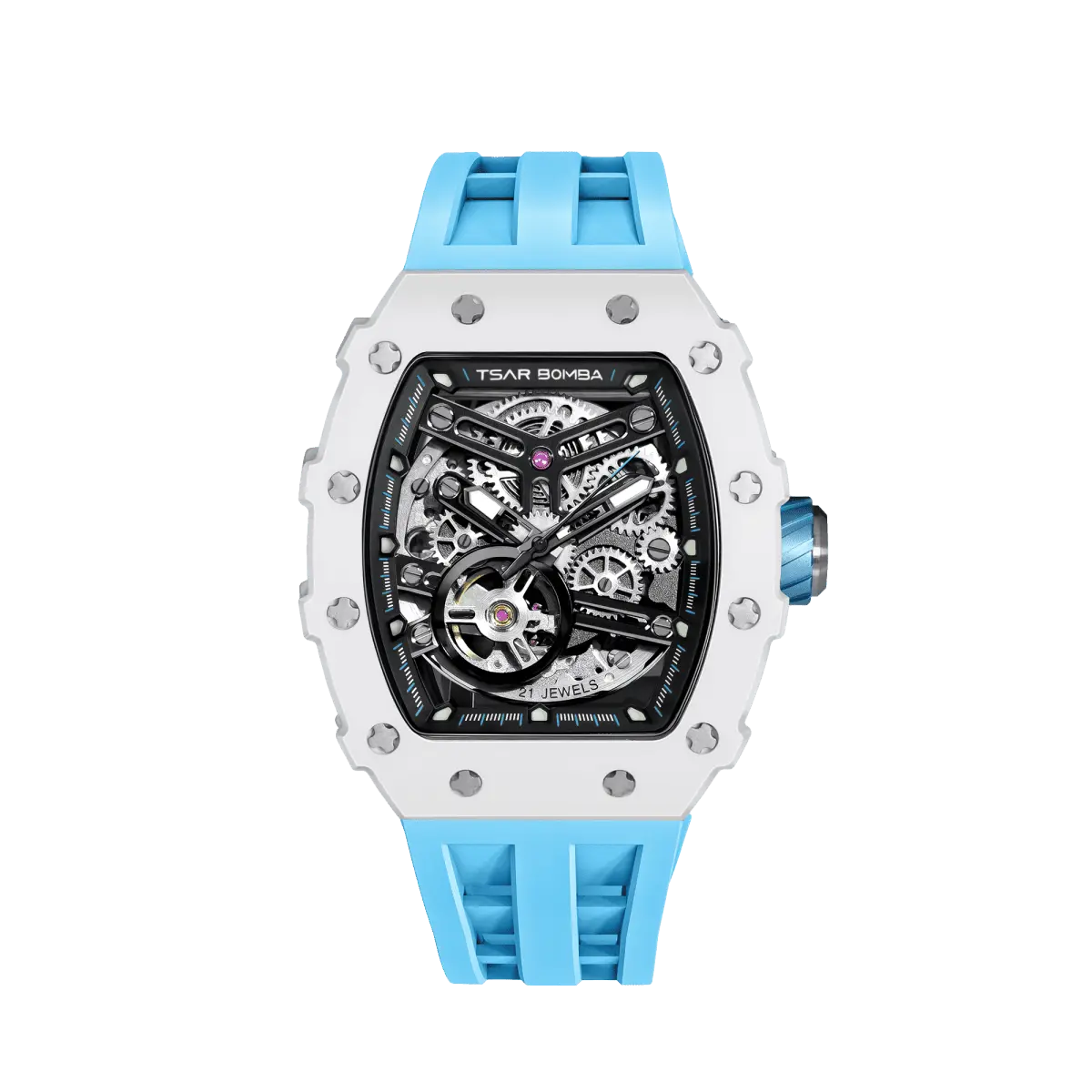 TSAR BOMBA TB8208C automatic skeleton tonneau men's watch, front view, features a stainless steel case, white ceramic bezel, and a blue strap.