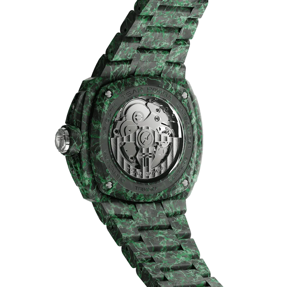 TSAR BOMBA Electron TB8401CF Men’s Watch. Crafted entirely from carbon fiber—including the strap—it weighs just 100 grams. The skeleton dial design offers a direct view of the movement, allowing you to appreciate the charm of precision mechanics in action. Powered by a Citizen MIYOTA movement. The Electron-TB8401CF features Grade A luminescent coating, scratch-resistant sapphire crystal, and an interchangeable fluororubber strap. Water-resistant to 100 meters (10 ATM).-Rear view
