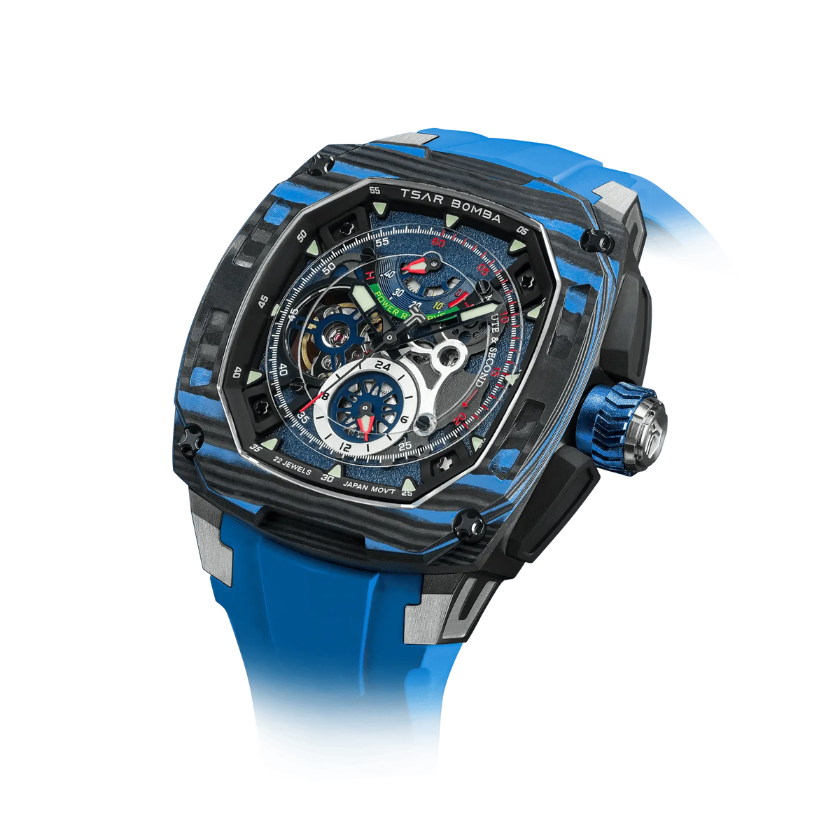 Powered by a Seiko Epson movement, A power reserve indicator is positioned at 12 o'clock; the stable movement delivers a power reserve of 50 hours (±10%). A 24-hour display dial is located at 6 o'clock, while a visible tourbillon is featured at 9 o'clock. The Dark Matter 2 features Grade A luminescent coating, scratch-resistant sapphire crystal, and a interchangeable fluororubber strap. Water-resistant to 100 meters (10 ATM).--Left three-quarter view