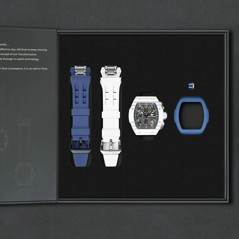 The image shows the TSAR BOMBA Atomic TB8214 interchangeable set. The set includes a blue and white fluororubber strap, a carbon fiber white bezel and blue fluororubber bezel, and a white and blue crown. TSAR BOMBA's patented interchangeable module allows for quick and easy replacement of watch modules without tools, enabling interchangeable straps, crowns, and bezels. Instead of buying multiple watches, why not own one watch that can be styled in various ways?