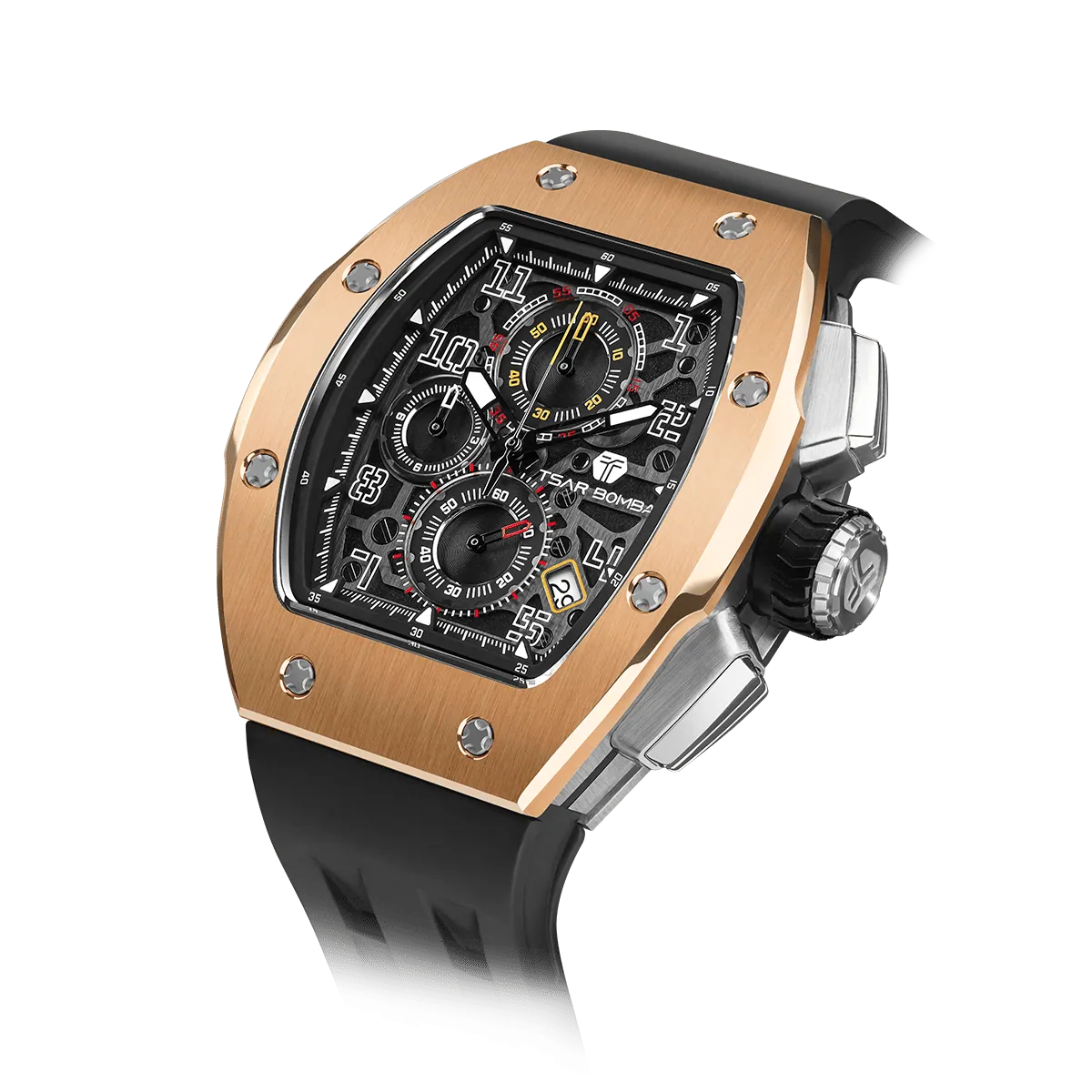 The TSAR BOMBA Atomic TB8214 interchangebale tonneau quartz watch. stainless-steel-gold-bezel-and-black-interchangeable strap. The Multifunction dial design, the multifunction dial features a chronograph minute sub-dial at the 12 o'clock position, a date display between the 4 and 5 o'clock positions, a seconds sub-dial at the 6 o'clock position, and an hour chronograph sub-dial at the 9 o'clock position. --Left three-quarter-angled-view