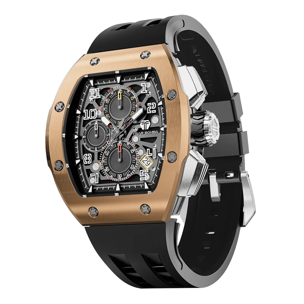 The TSAR BOMBA Atomic TB8214 interchangebale tonneau quartz watch. stainless-steel-gold-bezel-and-black-interchangeable strap. The Multifunction dial design, the multifunction dial features a chronograph minute sub-dial at the 12 o'clock position, a date display between the 4 and 5 o'clock positions, a seconds sub-dial at the 6 o'clock position, and an hour chronograph sub-dial at the 9 o'clock position. --Left three-quarter-view