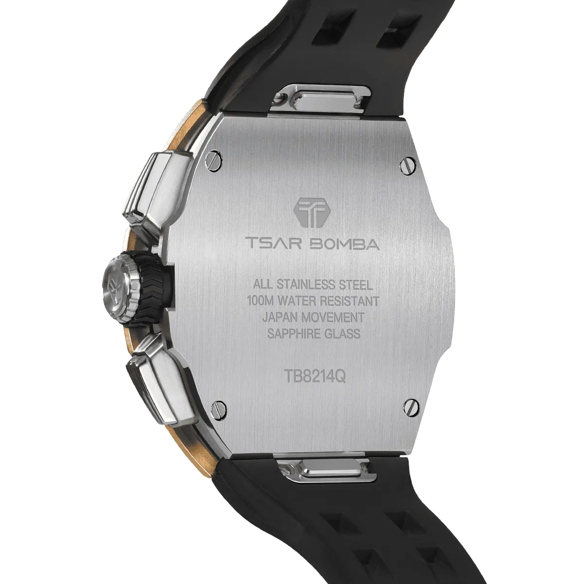 The TSAR BOMBA Atomic TB8214 interchangebale tonneau quartz watch. stainless-steel-gold-bezel-and-black-interchangeable strap. The Multifunction dial design, the multifunction dial features a chronograph minute sub-dial at the 12 o'clock position, a date display between the 4 and 5 o'clock positions, a seconds sub-dial at the 6 o'clock position, and an hour chronograph sub-dial at the 9 o'clock position. --Rear-view