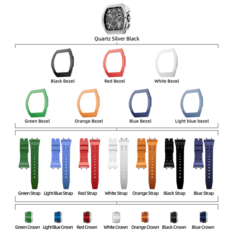 TSAR BOMBA chronograph quartz men watch, watch set: 1 quartz core; 7 fluororubber bezel and 7 fluororubber strap and 7 crown. Featuring TSAR BOMBA interchangeable patented technology, the strap, crown, and strap can be quickly changed without tools. Instead of buying multiple watches, why not own one that can be transformed into various styles?