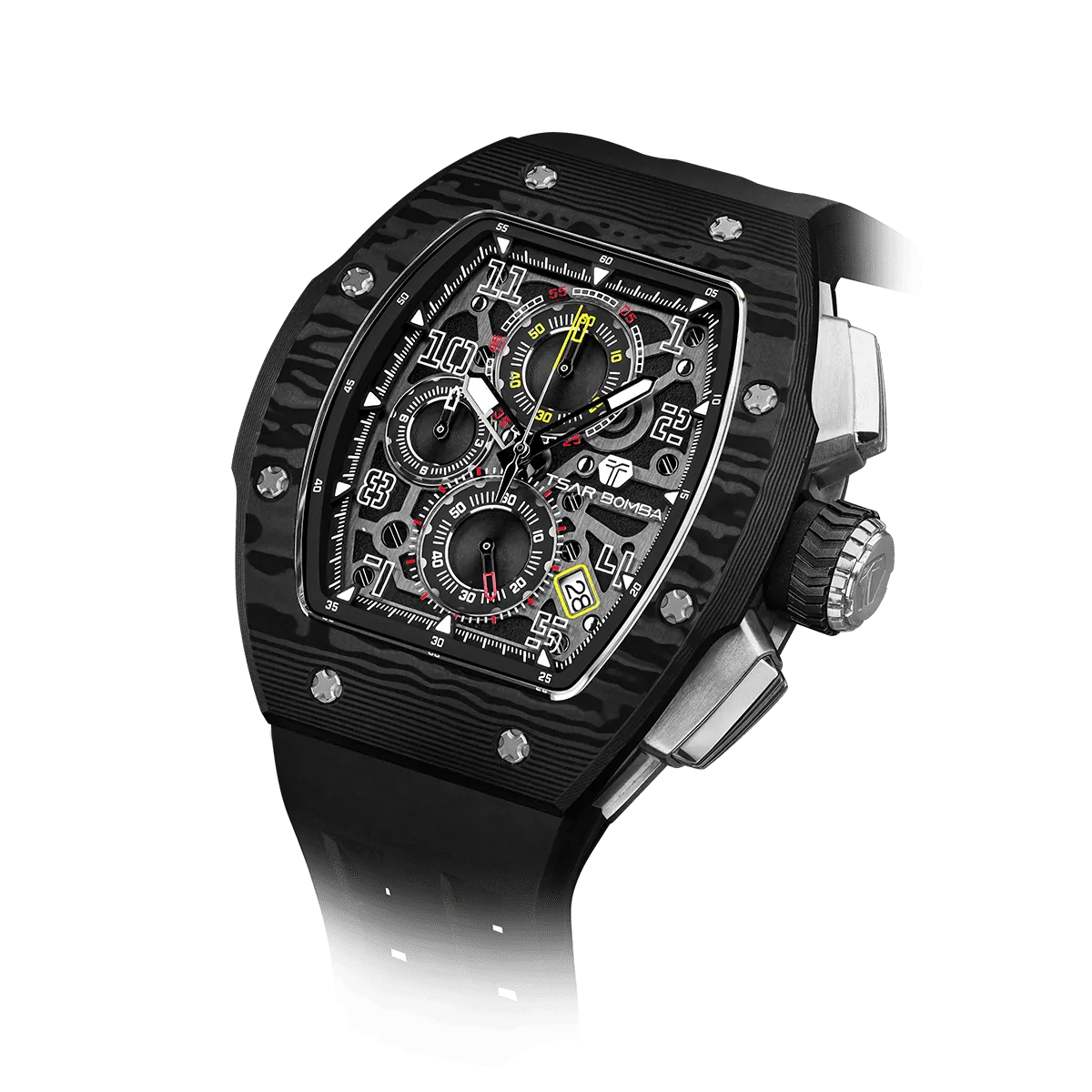 The TSAR BOMBA Atommic TB8214CF carbon fiber tonneau quartz watch. carbon fiber balck bezel and fluororubber interchangeable black strap. The Multifunction dial design, the multifunction dial features a chronograph minute sub-dial at the 12 o'clock position, a date display between the 4 and 5 o'clock positions, a seconds sub-dial at the 6 o'clock position, and an hour chronograph sub-dial at the 9 o'clock position. --Left three-quarter-angled-view