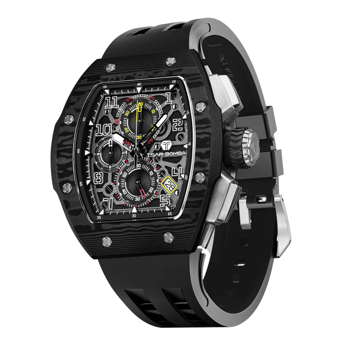 The TSAR BOMBA Atommic TB8214CF carbon fiber tonneau quartz watch. carbon fiber balck bezel and fluororubber interchangeable black strap. The Multifunction dial design, the multifunction dial features a chronograph minute sub-dial at the 12 o'clock position, a date display between the 4 and 5 o'clock positions, a seconds sub-dial at the 6 o'clock position, and an hour chronograph sub-dial at the 9 o'clock position. --Left three-quarter-view
