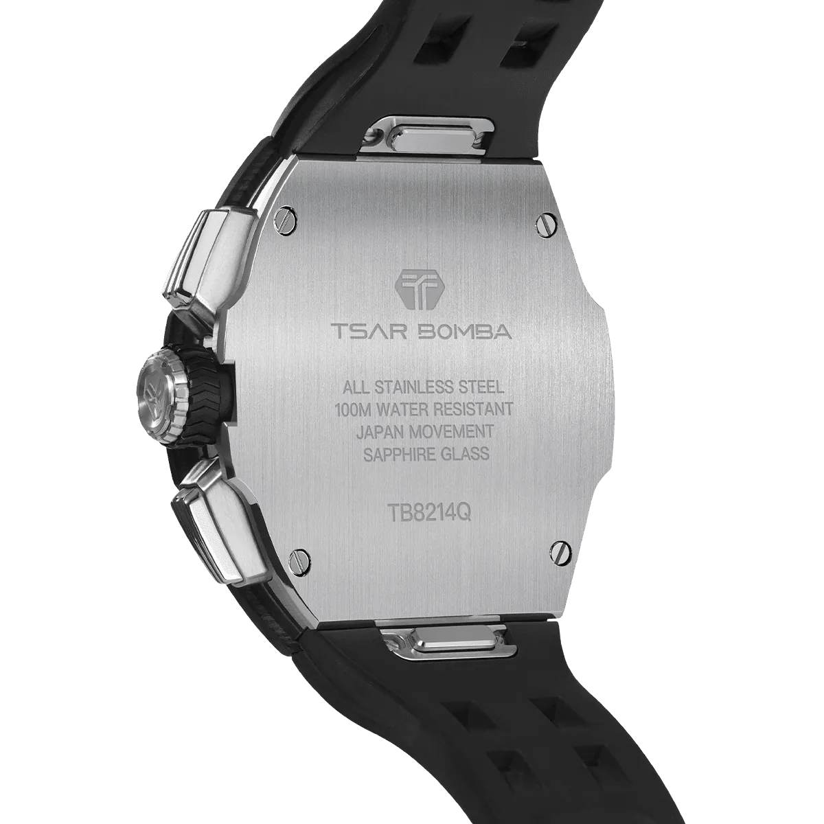 The TSAR BOMBA Atommic TB8214CF carbon fiber tonneau quartz watch. carbon fiber balck bezel and fluororubber interchangeable black strap. The Multifunction dial design, the multifunction dial features a chronograph minute sub-dial at the 12 o'clock position, a date display between the 4 and 5 o'clock positions, a seconds sub-dial at the 6 o'clock position, and an hour chronograph sub-dial at the 9 o'clock position. --Rear-view