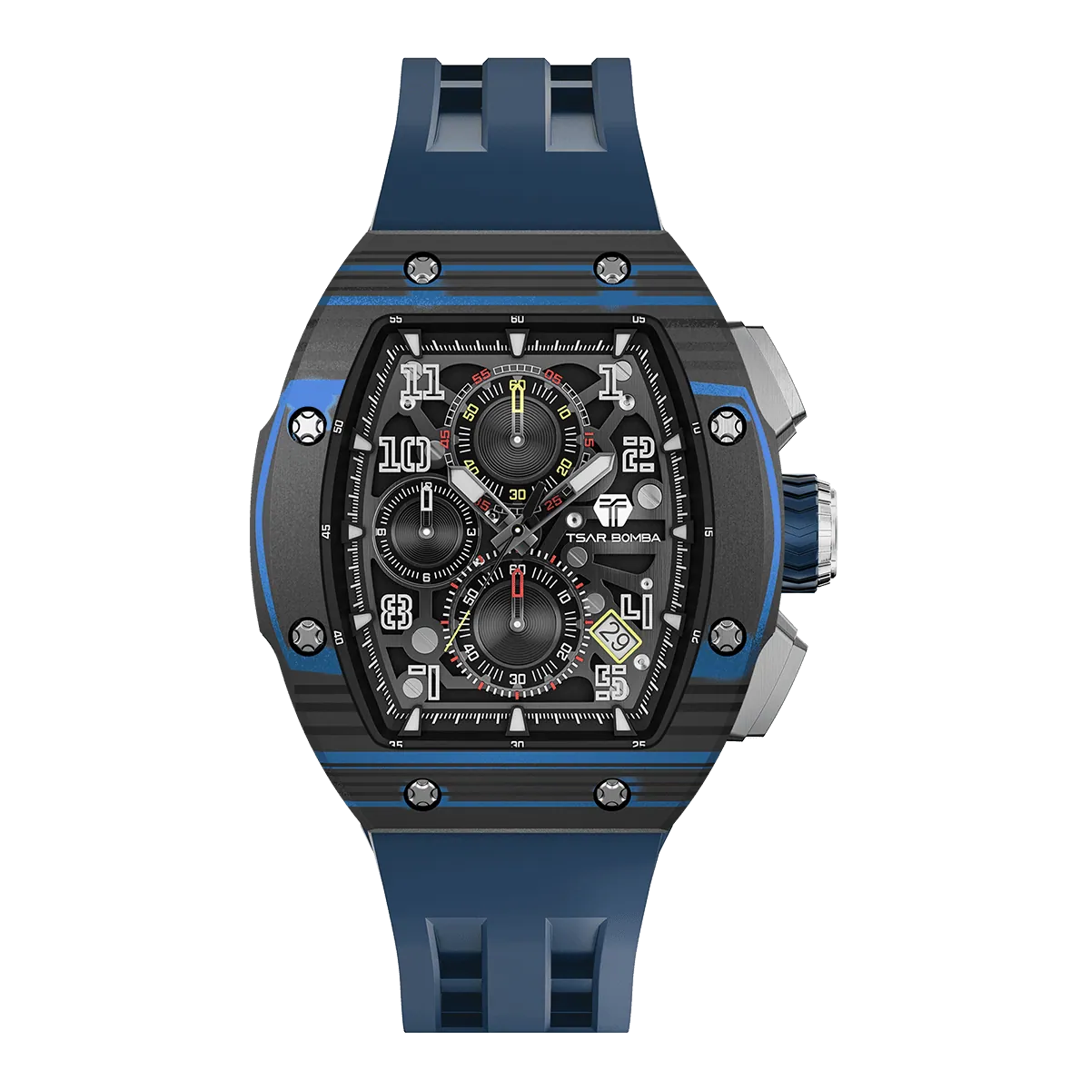 The TSAR BOMBA Atommic TB8214CF carbon fiber tonneau quartz watch. carbon fiber blue bezel and fluororubber interchangeable blue strap. The Multifunction dial design, the multifunction dial features a chronograph minute sub-dial at the 12 o'clock position, a date display between the 4 and 5 o'clock positions, a seconds sub-dial at the 6 o'clock position, and an hour chronograph sub-dial at the 9 o'clock position. --Front-view