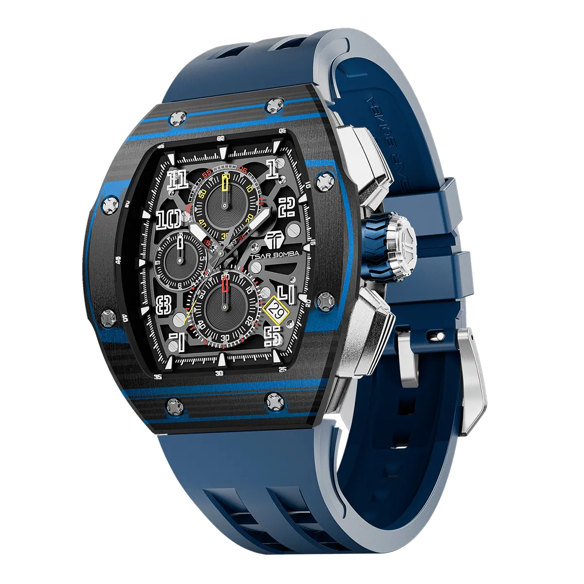 The TSAR BOMBA Atommic TB8214CF carbon fiber tonneau quartz watch. carbon fiber blue bezel and fluororubber interchangeable blue strap. The Multifunction dial design, the multifunction dial features a chronograph minute sub-dial at the 12 o'clock position, a date display between the 4 and 5 o'clock positions, a seconds sub-dial at the 6 o'clock position, and an hour chronograph sub-dial at the 9 o'clock position. --Left three-quarter-view