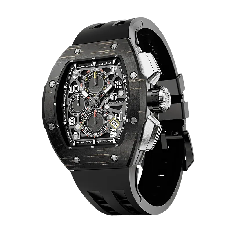 The TSAR BOMBA Atommic TB8214CF carbon fiber tonneau quartz watch. carbon fiber gold bezel and fluororubber interchangeable gold strap. The Multifunction dial design, the multifunction dial features a chronograph minute sub-dial at the 12 o'clock position, a date display between the 4 and 5 o'clock positions, a seconds sub-dial at the 6 o'clock position, and an hour chronograph sub-dial at the 9 o'clock position. --Left three-quarter-view