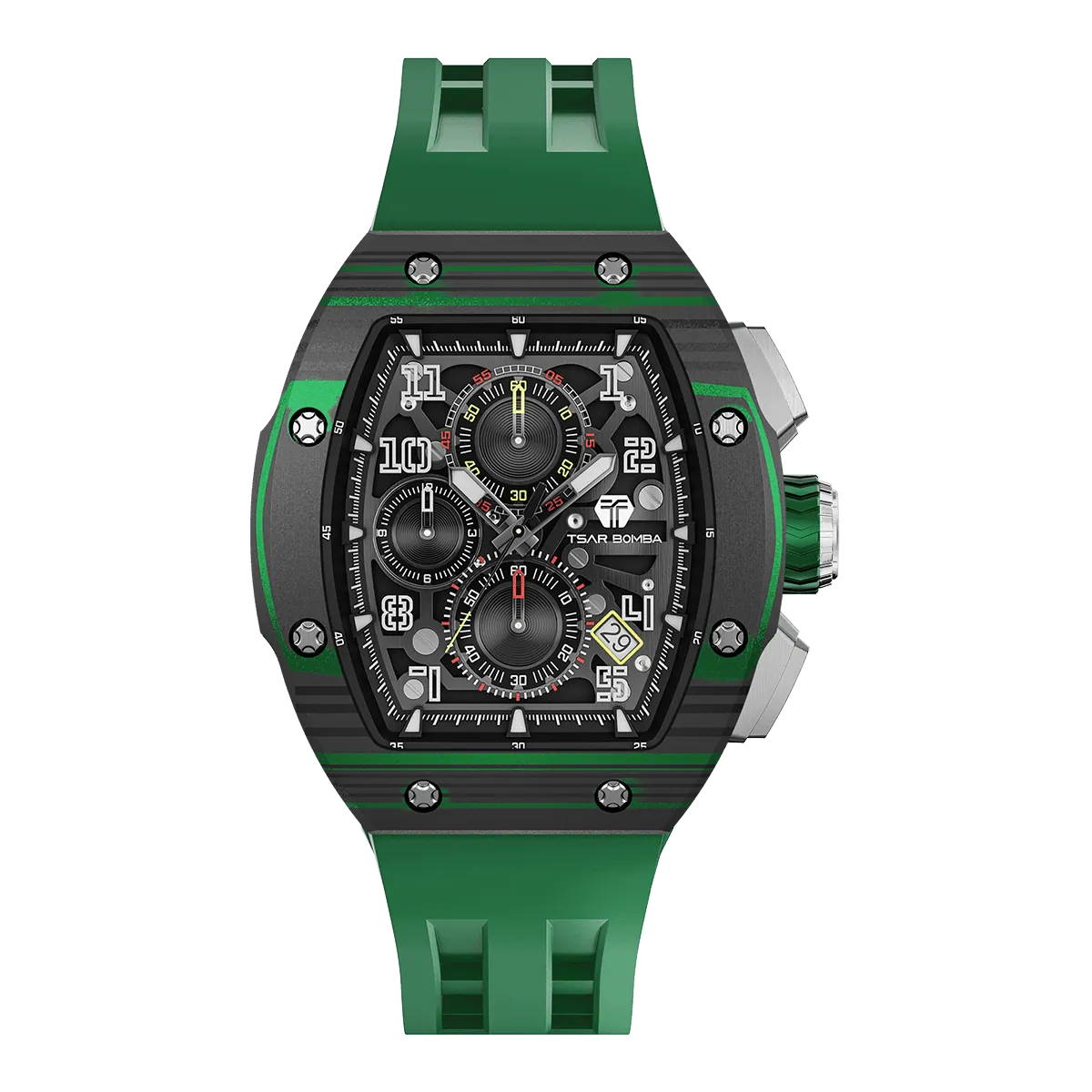 The TSAR BOMBA Atommic TB8214CF carbon fiber tonneau quartz watch. carbon fiber green bezel and fluororubber interchangeable green strap. The Multifunction dial design, the multifunction dial features a chronograph minute sub-dial at the 12 o'clock position, a date display between the 4 and 5 o'clock positions, a seconds sub-dial at the 6 o'clock position, and an hour chronograph sub-dial at the 9 o'clock position. --
Front-view
