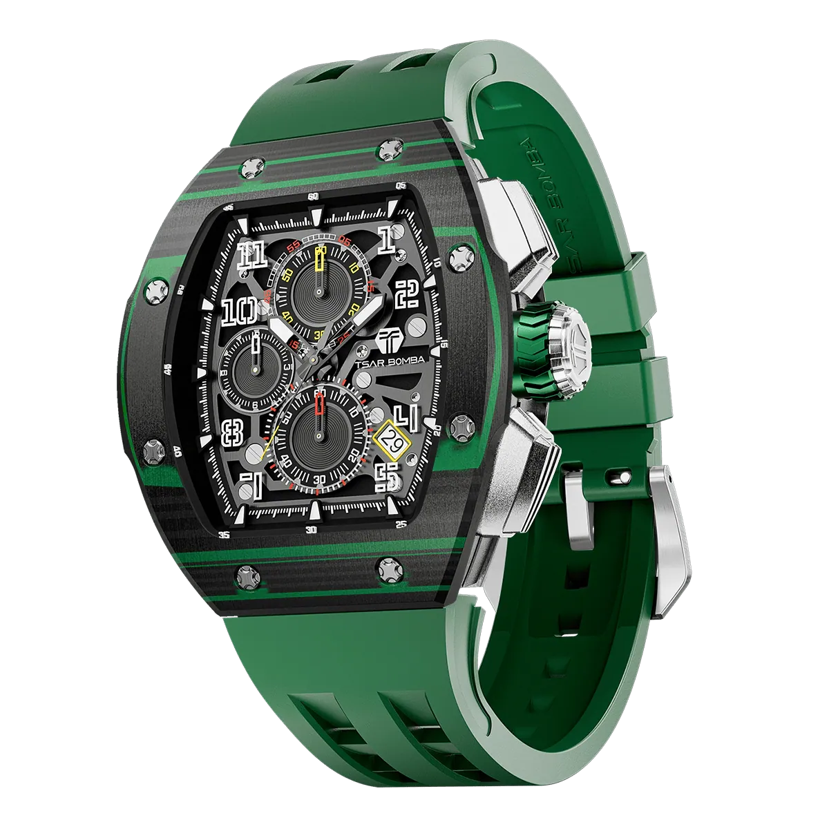 The TSAR BOMBA Atommic TB8214CF carbon fiber tonneau quartz watch. carbon fiber green bezel and fluororubber interchangeable green strap. The Multifunction dial design, the multifunction dial features a chronograph minute sub-dial at the 12 o'clock position, a date display between the 4 and 5 o'clock positions, a seconds sub-dial at the 6 o'clock position, and an hour chronograph sub-dial at the 9 o'clock position. --
Left three-quarter-view