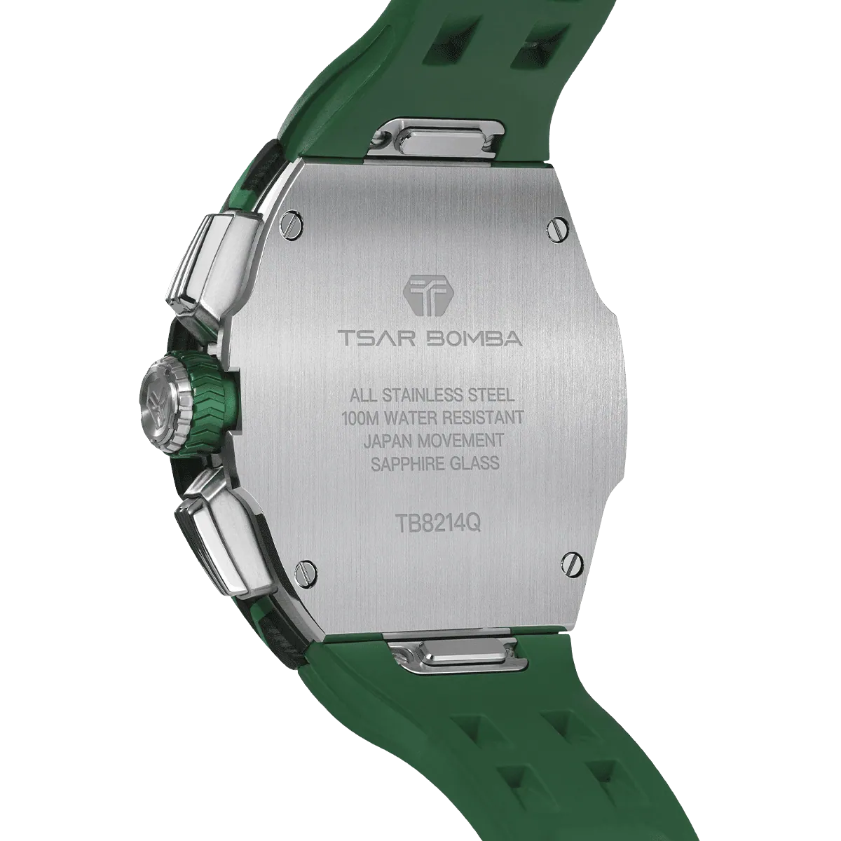 The TSAR BOMBA Atommic TB8214CF carbon fiber tonneau quartz watch. carbon fiber green bezel and fluororubber interchangeable green strap. The Multifunction dial design, the multifunction dial features a chronograph minute sub-dial at the 12 o'clock position, a date display between the 4 and 5 o'clock positions, a seconds sub-dial at the 6 o'clock position, and an hour chronograph sub-dial at the 9 o'clock position. --
Rear-view