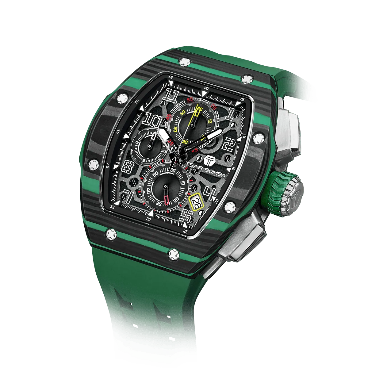 The TSAR BOMBA Atomic TB8214CF carbon fiber tonneau quartz watch. carbon fiber green bezel and fluororubber interchangeable green strap. The Multifunction dial design, the multifunction dial features a chronograph minute sub-dial at the 12 o'clock position, a date display between the 4 and 5 o'clock positions, a seconds sub-dial at the 6 o'clock position, and an hour chronograph sub-dial at the 9 o'clock position. --
Left three-quarter-angled-view