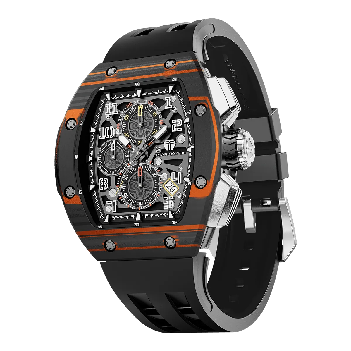The TSAR BOMBA Atommic TB8214CF carbon fiber tonneau quartz watch. carbon fiber orange bezel and fluororubber interchangeable orange strap. The Multifunction dial design, the multifunction dial features a chronograph minute sub-dial at the 12 o'clock position, a date display between the 4 and 5 o'clock positions, a seconds sub-dial at the 6 o'clock position, and an hour chronograph sub-dial at the 9 o'clock position. --
Left three-quarter-view