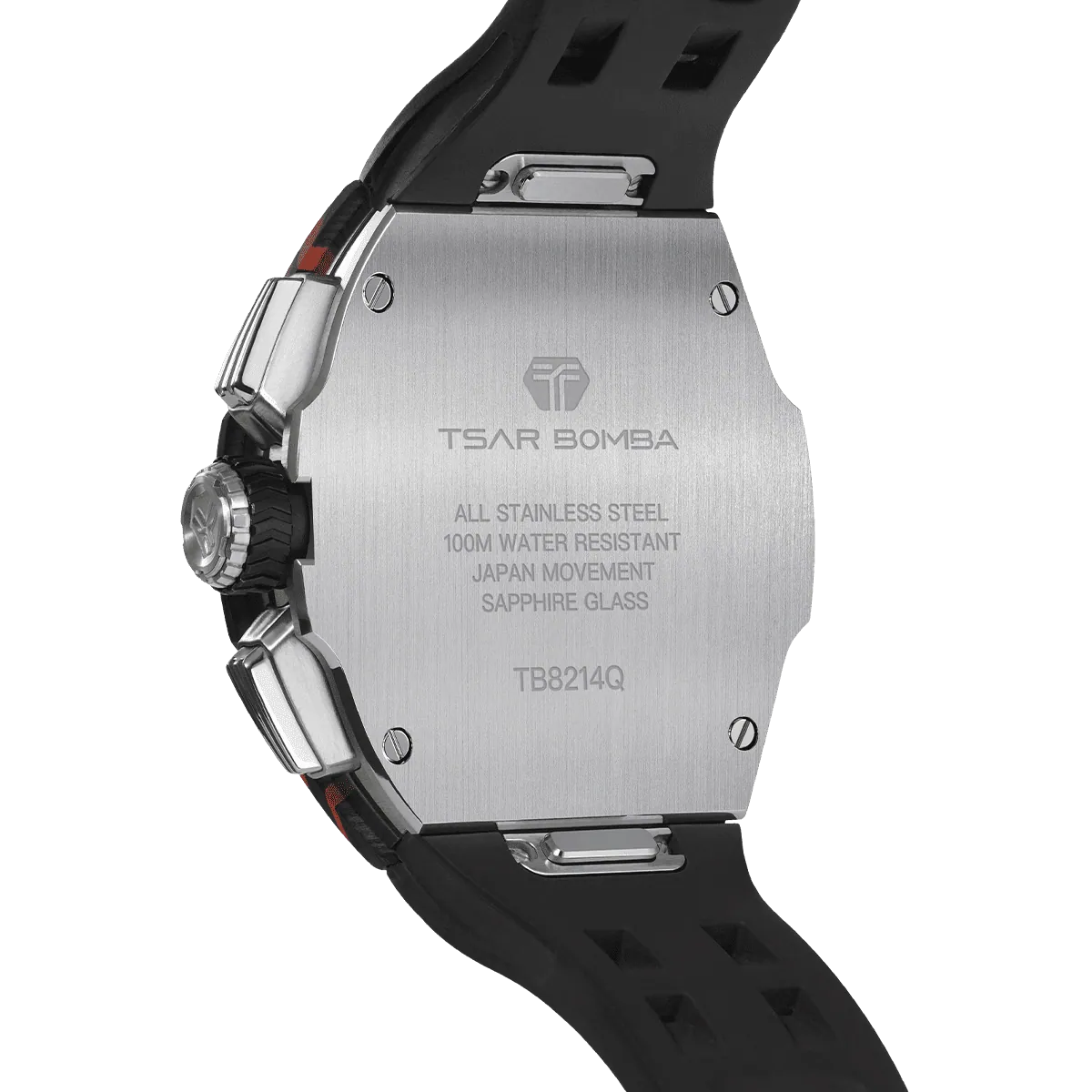 The TSAR BOMBA Atommic TB8214CF carbon fiber tonneau quartz watch. carbon fiber orange bezel and fluororubber interchangeable orange strap. The Multifunction dial design, the multifunction dial features a chronograph minute sub-dial at the 12 o'clock position, a date display between the 4 and 5 o'clock positions, a seconds sub-dial at the 6 o'clock position, and an hour chronograph sub-dial at the 9 o'clock position. --
Rear-view
