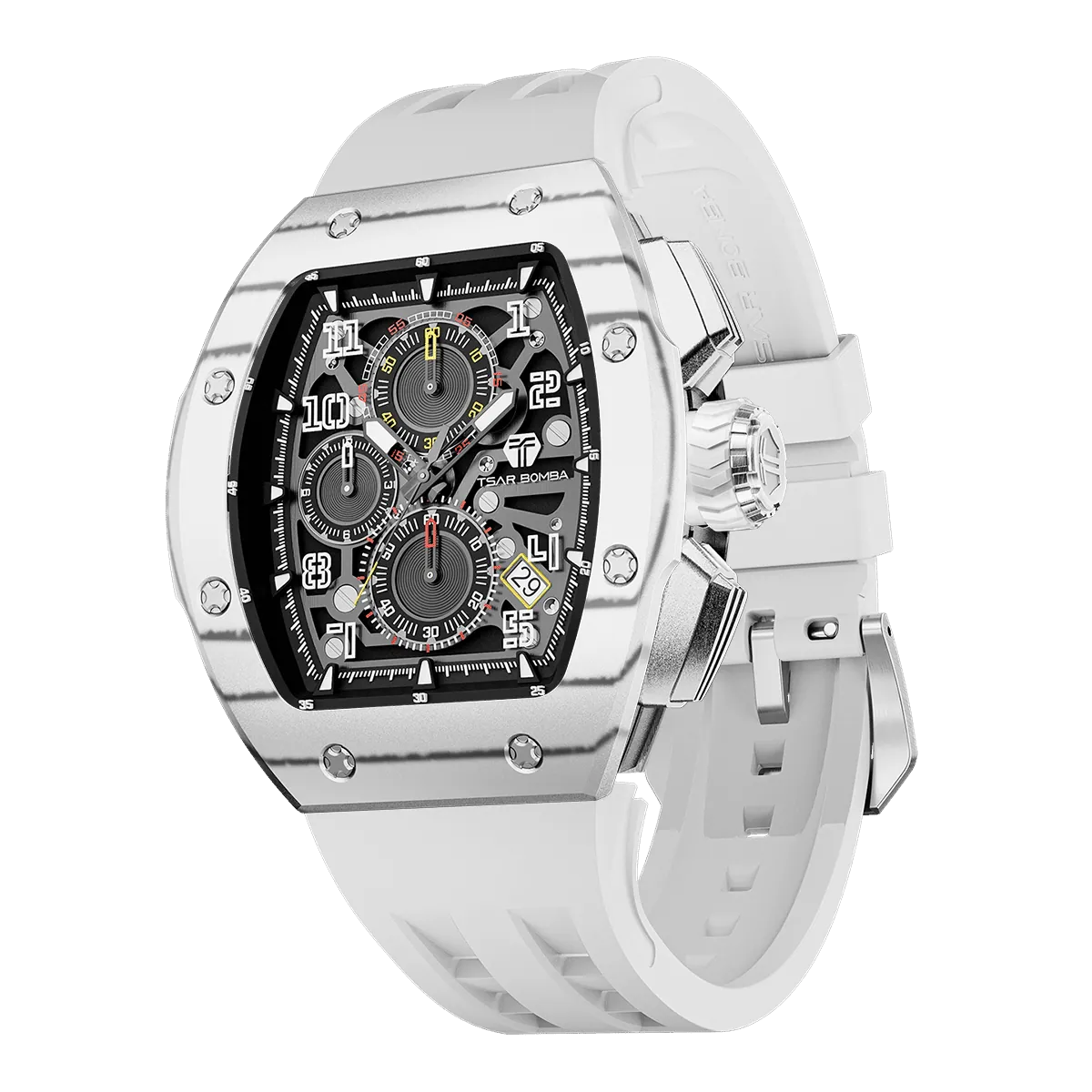 The TSAR BOMBA Atommic TB8214CF carbon fiber tonneau quartz watch. carbon fiber white bezel and fluororubber interchangeable white strap. The Multifunction dial design, the multifunction dial features a chronograph minute sub-dial at the 12 o'clock position, a date display between the 4 and 5 o'clock positions, a seconds sub-dial at the 6 o'clock position, and an hour chronograph sub-dial at the 9 o'clock position. --Left three-quarter-view