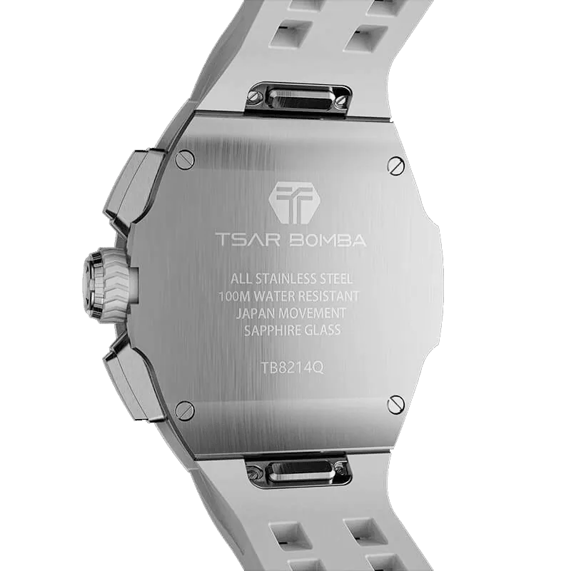 The TSAR BOMBA Atommic TB8214CF carbon fiber tonneau quartz watch. carbon fiber white bezel and fluororubber interchangeable white strap. The Multifunction dial design, the multifunction dial features a chronograph minute sub-dial at the 12 o'clock position, a date display between the 4 and 5 o'clock positions, a seconds sub-dial at the 6 o'clock position, and an hour chronograph sub-dial at the 9 o'clock position. --Rear-view