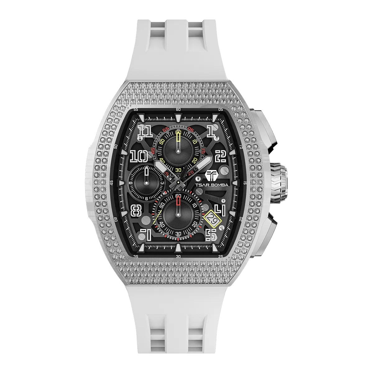 The TSAR BOMBA Atommic TB8214CF interchangebale tonneau quartz watch. cubic-zirconia-bezel-and-white-interchangeable strap. The Multifunction dial design, the multifunction dial features a chronograph minute sub-dial at the 12 o'clock position, a date display between the 4 and 5 o'clock positions, a seconds sub-dial at the 6 o'clock position, and an hour chronograph sub-dial at the 9 o'clock position. --Front-view