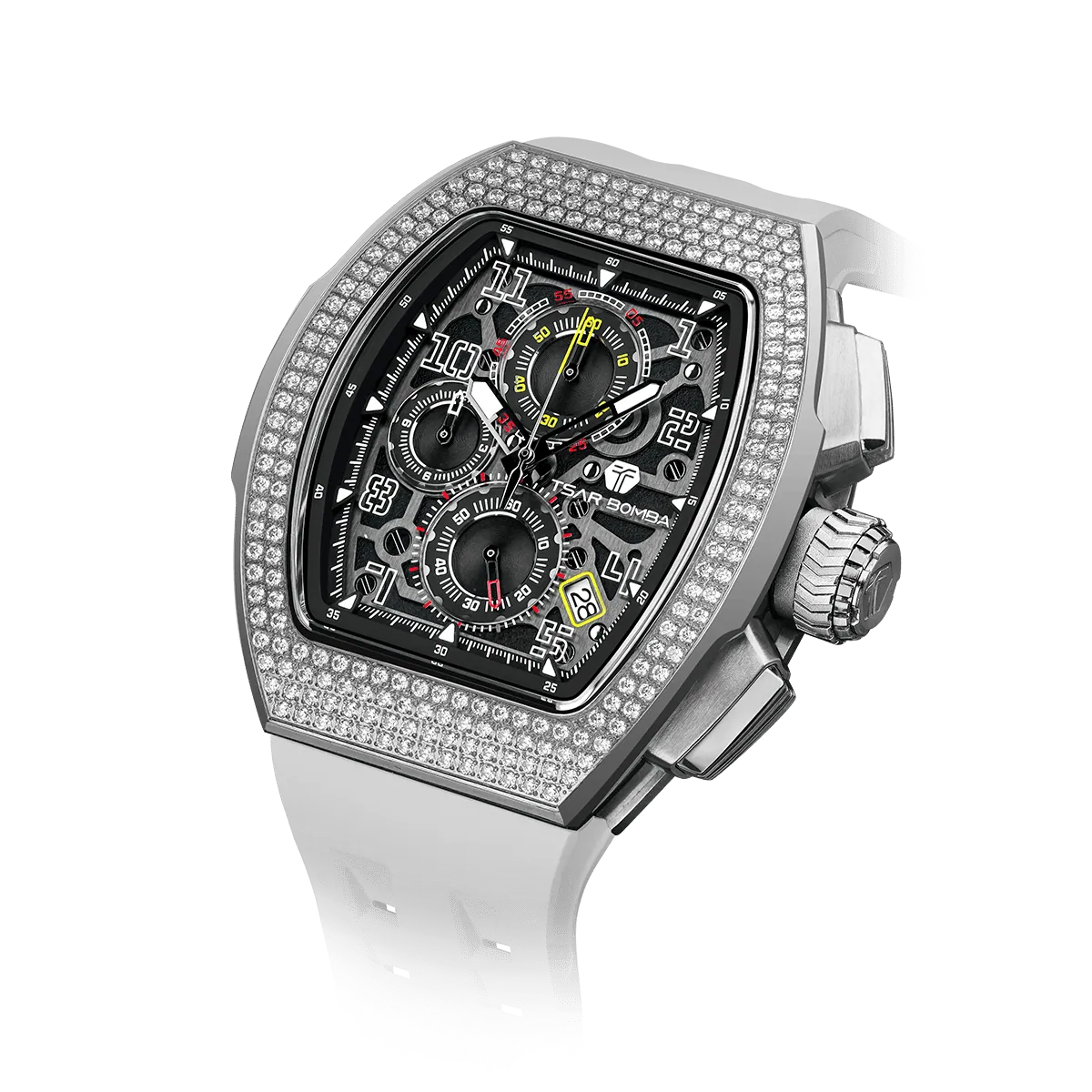 The TSAR BOMBA Atommic TB8214CF interchangebale tonneau quartz watch. cubic-zirconia-bezel-and-white-interchangeable strap. The Multifunction dial design, the multifunction dial features a chronograph minute sub-dial at the 12 o'clock position, a date display between the 4 and 5 o'clock positions, a seconds sub-dial at the 6 o'clock position, and an hour chronograph sub-dial at the 9 o'clock position. --Left three-quarter-angled-view