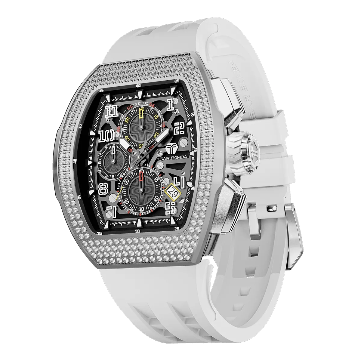 The TSAR BOMBA Atommic TB8214CF interchangebale tonneau quartz watch. cubic-zirconia-bezel-and-white-interchangeable strap. The Multifunction dial design, the multifunction dial features a chronograph minute sub-dial at the 12 o'clock position, a date display between the 4 and 5 o'clock positions, a seconds sub-dial at the 6 o'clock position, and an hour chronograph sub-dial at the 9 o'clock position. --Left three-quarter-view